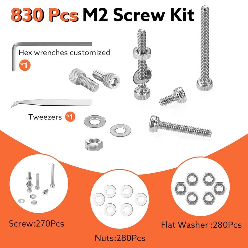 Hapric 830 Pcs M2 Screws Assortment Kit Metric Nuts and Bolts M2*4mm/6mm/8mm/10mm/12mm/16mm/20mm Metric Machine Screw Kit, 304 Stainless Steel Hex Socket Head Screws Nuts Bolts and Washers Set - Image 3